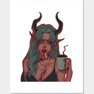 Devil Girl Smoking Cigarette and Coffee Posters and Art